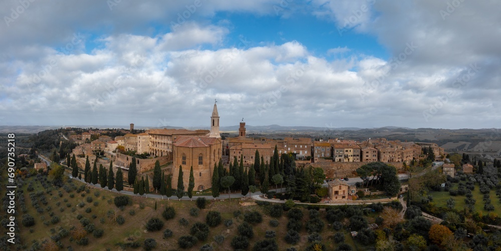drone panorama view of the Tuscan hilltop village of Pienza