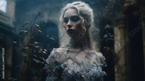 A ghostly blue-eyed girl in a tattered Victorian dress stands in the moonlit courtyard of an ancient ivy-covered mansion. Her hair is silvery white.	 photo