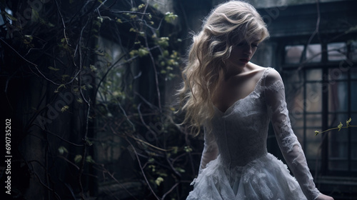 A ghostly blue-eyed girl in a tattered Victorian dress stands in the moonlit courtyard of an ancient ivy-covered mansion. Her hair is silvery white. 