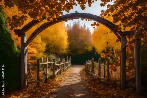 autumn view in october with wooden archway. rustic natural fall garden