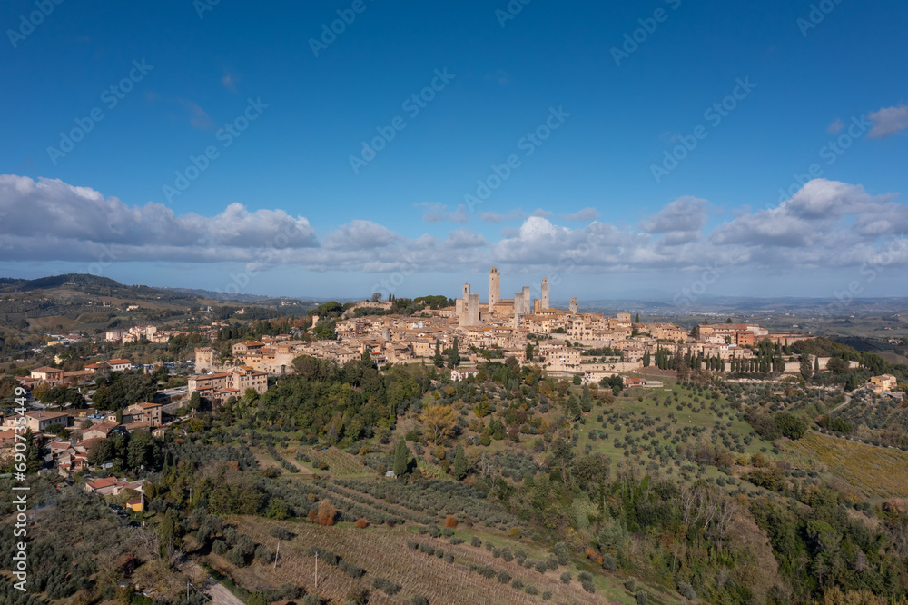 drone panorama view of the Italian hill town of San Gimignano in Tuscany