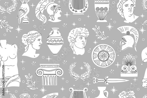 Seamless pattern with ancient Greek sculptures, architectural details, amphora, weapons, laurel wreath and more. Antique minimalistic white elements on a gray background. Vector illustration.