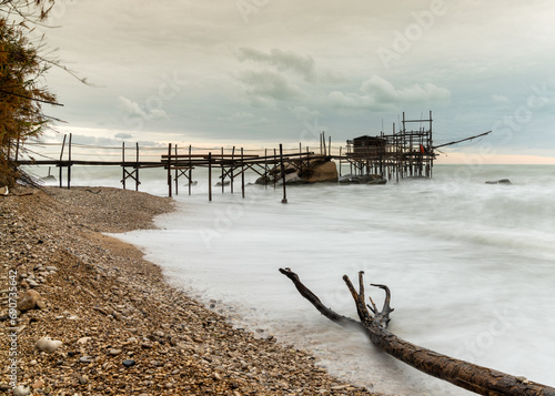 view of the Trabocco Punto le Morge pile dwelling on an overcast an rainy day on the Costa dei Trabocchi in Italy photo