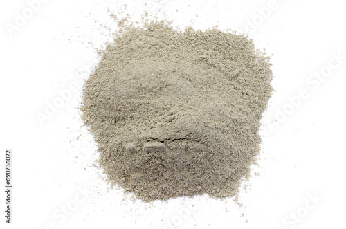Gray cement powder isolated on white background, top view. Pile of gray cement powder on a white background, top view. Handful of gray cement powder isolated on a white background, top view.