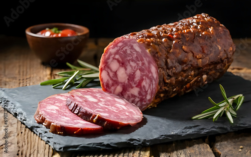 Capture the essence of Genoa Salami in a mouthwatering food photography shot Generative AI