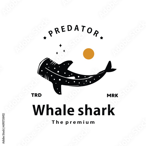 vintage retro hipster whale shark logo vector outline silhouette art icon