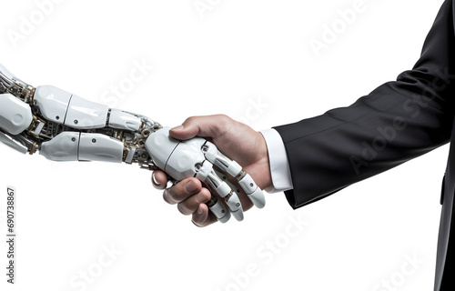 Businessman hand robot handshake on white background