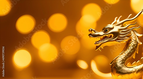 Golden chinese dragon on bokeh lights background.