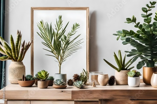 stylish and botany interior of living room with mock up poster frame, wooden accessories, succulents, forest cones, plants, notes and personal stuff. minimalistic and botanical home photo