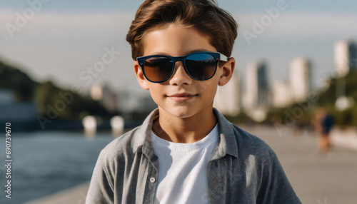 Cheerful little kid wearing sunglasess
