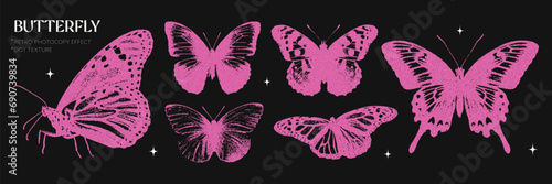 Pink butterflies with a retro photocopy effect. Y2k elements for design. Grain effect and stippling. Vector dots texture. 