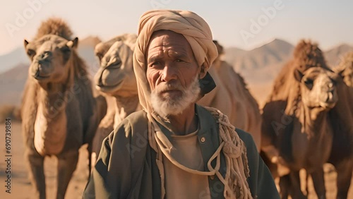 Arab shepherd of the camels standing in the desert, arabian farmer concept. Generative Ai	 photo