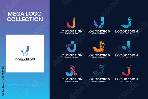 Set of creative letter J logo design. Abstract symbol for digital technology