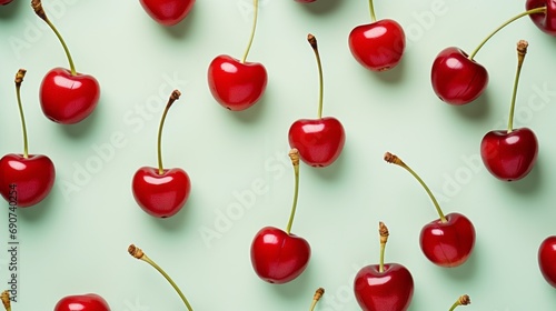 Cherry pattern. Red cherries isolated on light green background. 