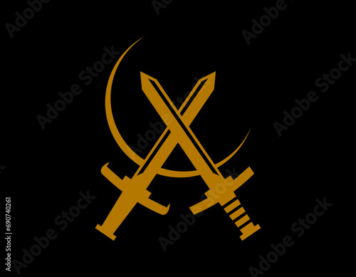 Swords and crescent with gold colour isolated on black. Minimal luxury symbol of weapon. Vector illustration of sword with moon concept.
