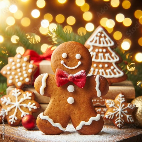 Festive Gingerbread Man with Sparkling Holiday Background