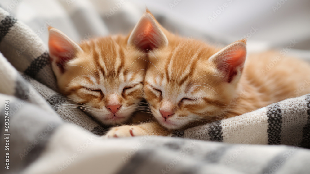 Red kittens cuddled up together on a soft, textured white blanket. They are in a peaceful slumber, with their bodies curled around each other in a display of comfort and sibling affection