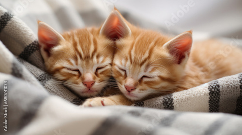 Red kittens cuddled up together on a soft, textured white blanket. They are in a peaceful slumber, with their bodies curled around each other in a display of comfort and sibling affection