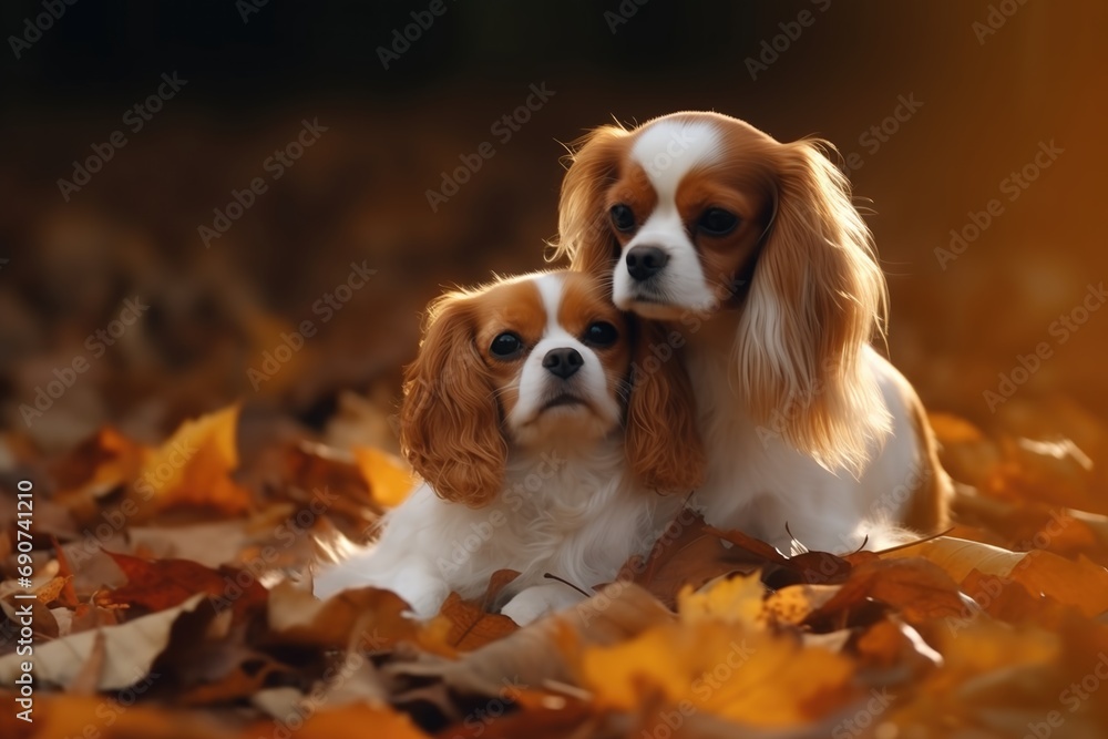 Two cute fluffy dogs sit together in a sunny fall garden