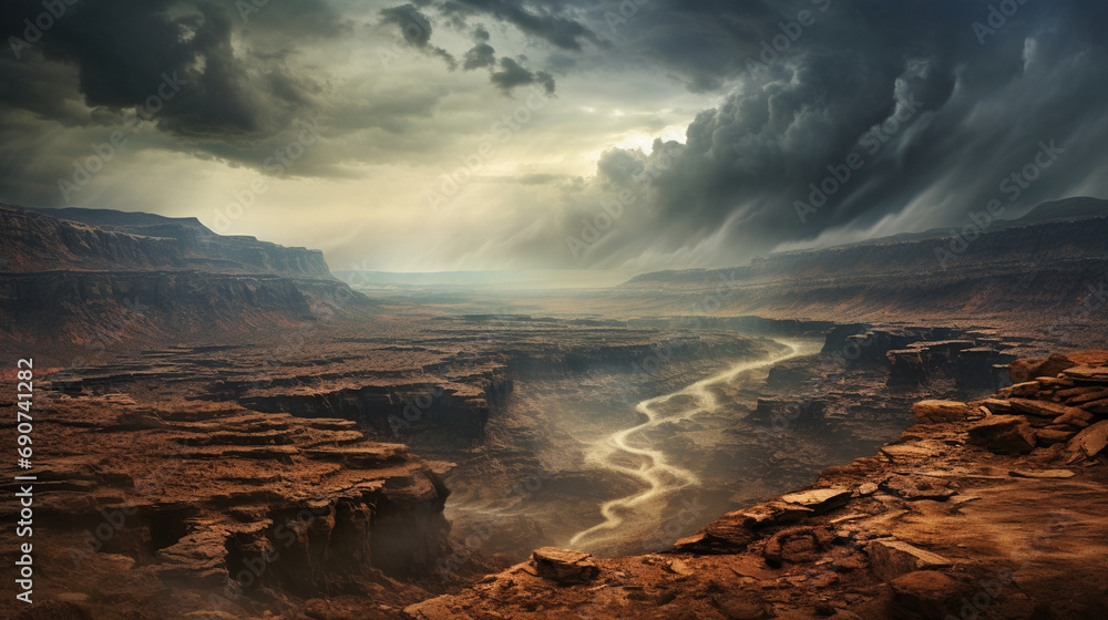 Canyon Desert Storm: A dynamic image of a desert canyon during a storm, with dark clouds, lightning, and rain adding drama to the rugged landscape.