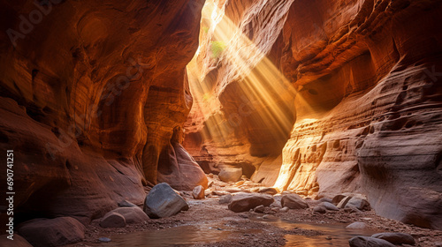 Canyon Sunbeam Through Cracks: An enchanting moment as sunlight pierces through narrow cracks in canyon walls, creating dramatic beams of light in the shadowed depths.