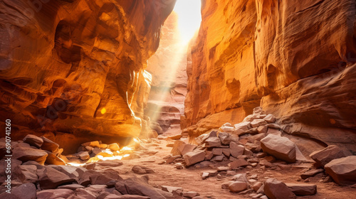 Canyon Sunbeam Through Cracks: An enchanting moment as sunlight pierces through narrow cracks in canyon walls, creating dramatic beams of light in the shadowed depths.