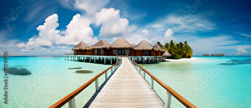 Tropical paradise. Luxury panorama view on Maldive resort on seascape background. Bungalow, villas on beautiful exotic beach on the ocean. Spa, leisure, concept. Honeymoon recreation.Generative ai
