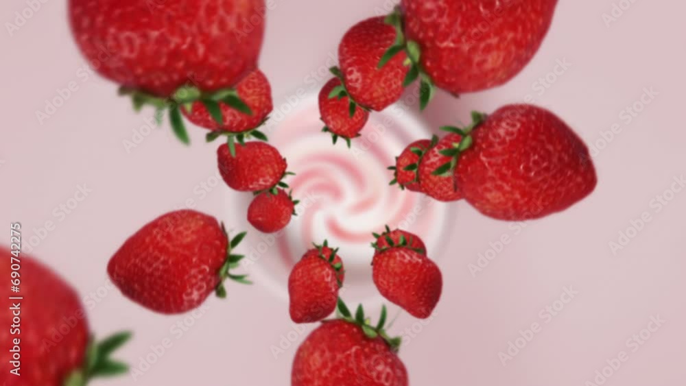 Strawberries spiraling and falling in the liquid pink smoothie slow motion Strawberries spiraling and falling in the liquid pink smoothie slow motion