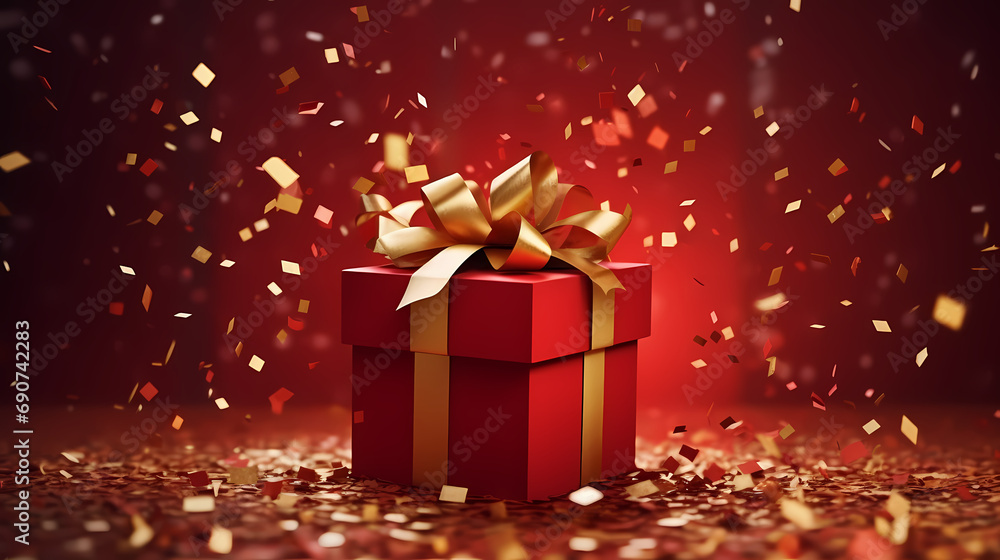 opened gift box with golden confetti. Abstract luxury red background, celebration background opened gift box with golden confetti. Abstract luxury red background, celebration background