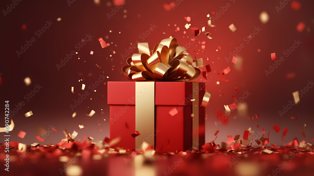 opened gift box with golden confetti. Abstract luxury red background, celebration background