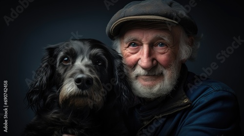 Old man and his best friend: Schnauzer mix and his owner, companions for life. Portrait showing timeless bond and great loyal friendship.
