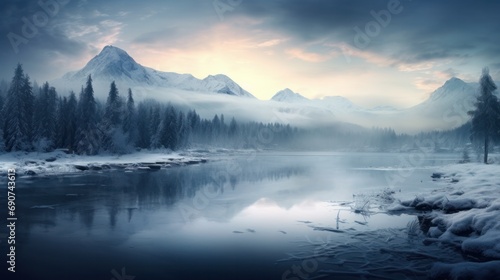 Silvery winter reflections in the alpine lake at dawn with magical misty atmosphere. © Emil