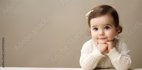 An adorable baby girl with sparkling eyes and a cute bow hairclip leans on hands with a gentle smile with copy space on the beige background photo