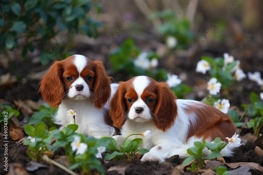 Two cute fluffy dogs sit together in a sunny spring garden