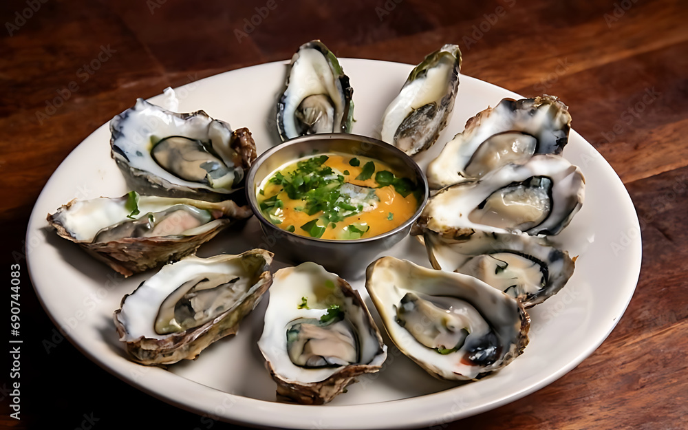 Capture the essence of Oysters Rockefeller in a mouthwatering food photography shot Generative AI