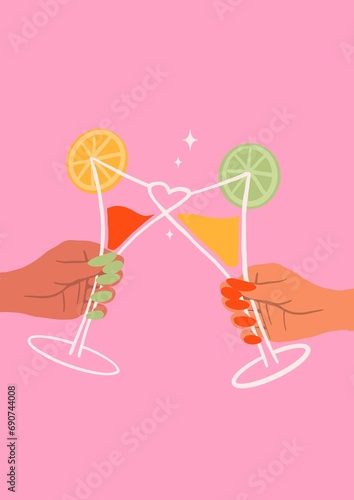 Photography two female hands with long nails clink glasses - girls' night cheers martini coc