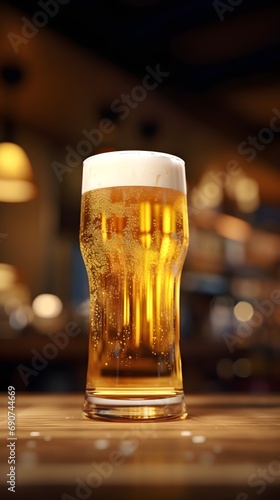 Realistic Beer Glass on Table with Blurred Background