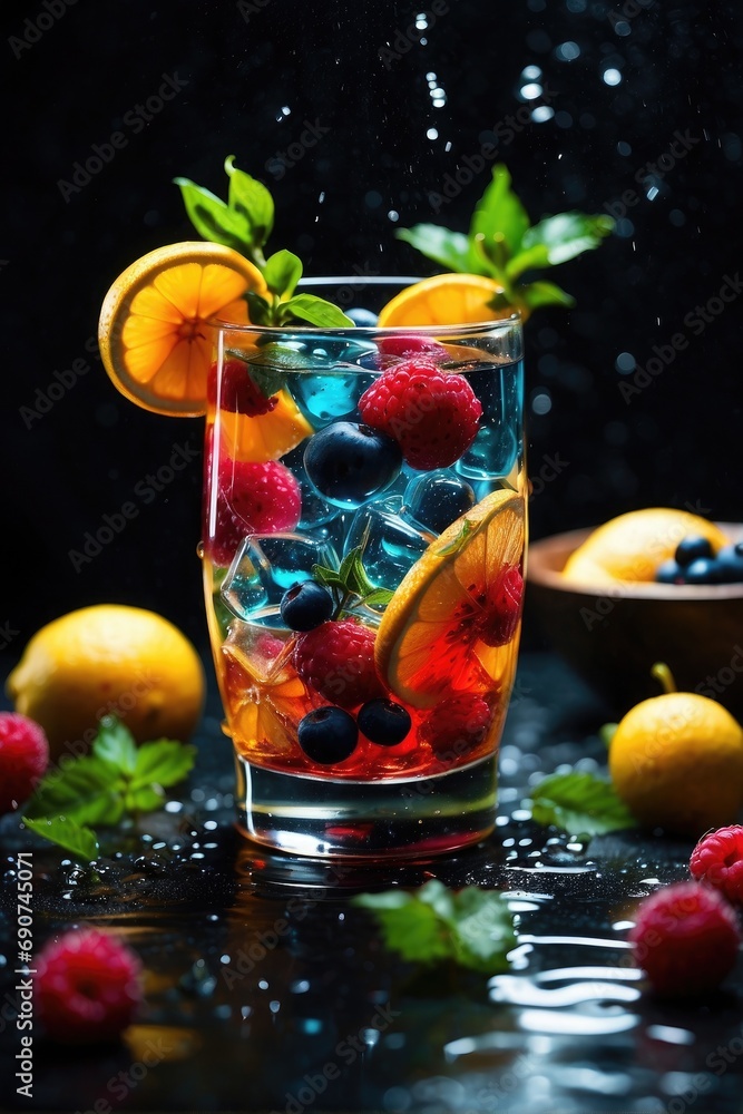 cocktail with fruits with lemons, oranges, berries, and ice in a dark background cocktail with fruits with lemons, oranges, berries, and ice in a dark background