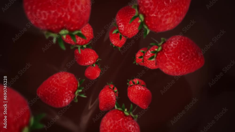 Strawberries spiraling and falling down on the melting dark chocolate slow motion Strawberries spiraling and falling down on the melting dark chocolate slow motion