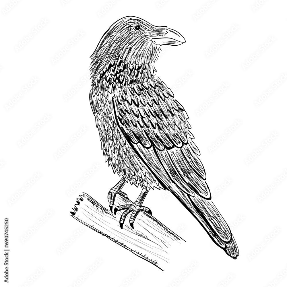 Fototapeta premium Crow or raven drawing. Vector illustration image.