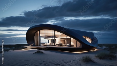 dune house modern exterior on the desert at night background photo © ahmudz