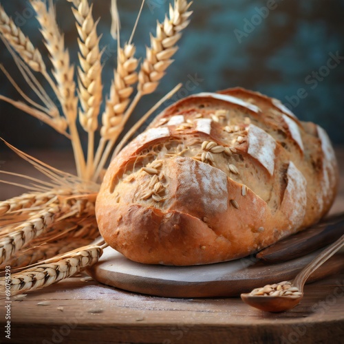 Golden Harvest: Freshly Baked Bread Amidst Wheat Ears on Wooden Table