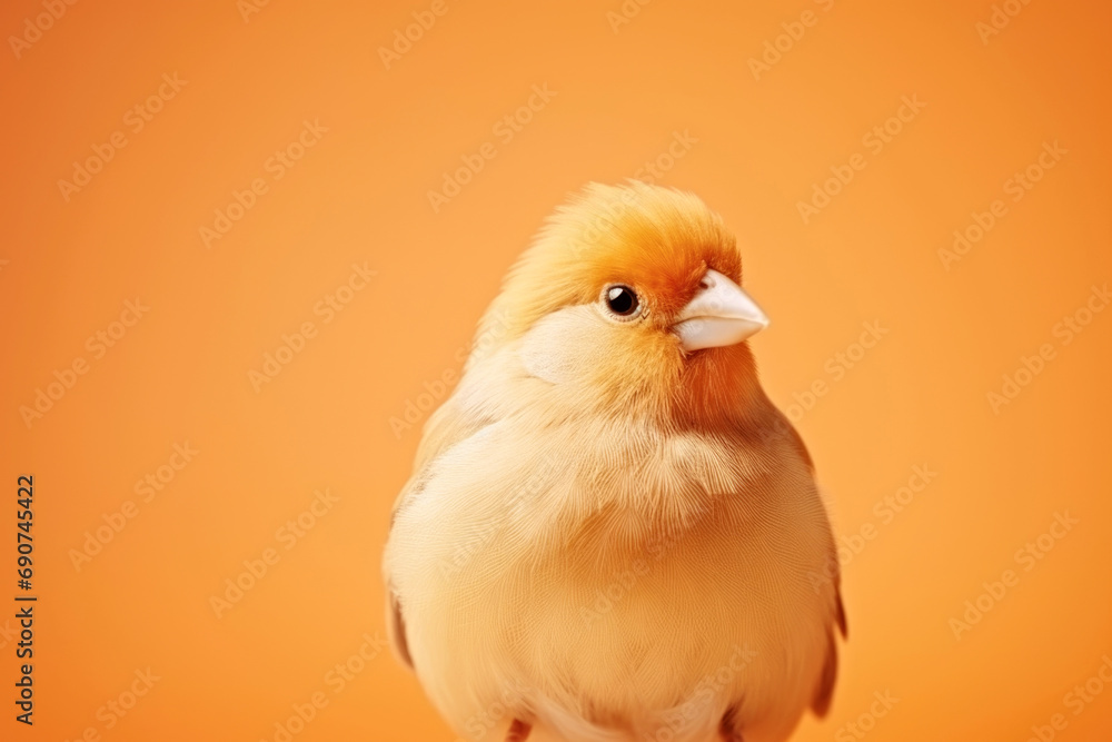 A small bird with a yellow mohawk on its head. Monochrome peach fuzz background. A small bird with a yellow mohawk on its head. Monochrome peach fuzz background.