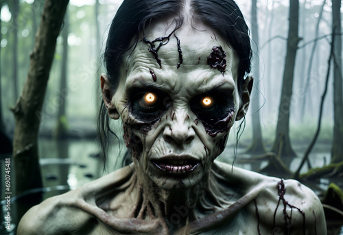 Portrait of an african american rotten female zombie in a swamp