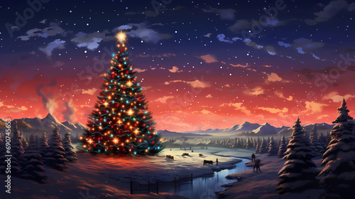 Christmas Wallpaper - Christmas Trees in Snow on a Snowy Sunset | Christmas Lights and Decorations | Beautiful Background