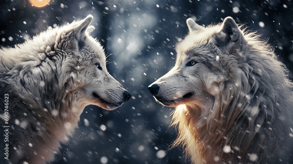 Two wolves gazing into the distance in a snowfall