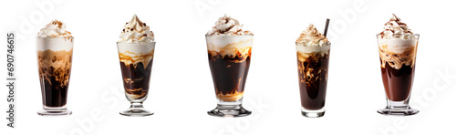 Set of Vienna Coffee in a glass beaker, traditional Austrian coffee beverage topped with whipped cream and cocoa powder, popular korean trend, on a transparent isolated background