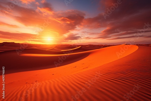 A vast desert scene at sunset  with vibrant orange and red hues painting the sky and sand dunes stretching into the horizon  Neo-realism landscape  high resolution 