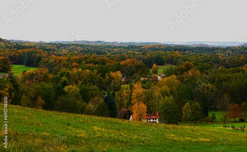 Jesienna panorama na las i ukryte w nim domy photo