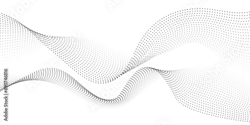 Abstract background with flowing dots particles halftone waves pattern in black and white wavy dotted lines. Vector design template of Artificial intelligence, gaming, technology, science, music.
